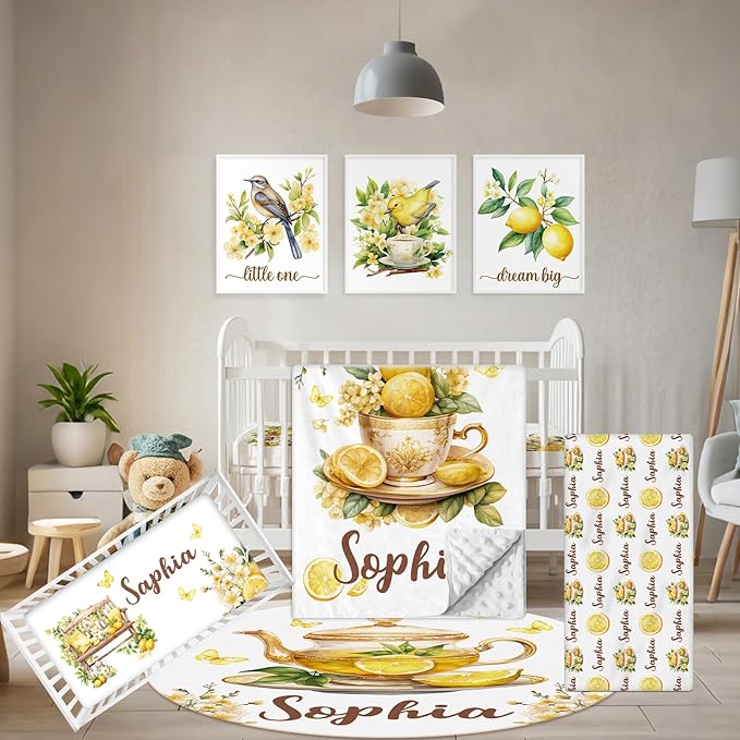 Personalized Baby Crib Bedding Set, 5 Pcs Custom Name Nursery Bedding Set, Lemon Tea Baby Bedding Set for Girls Boys, Double Layer Flannel Baby Crib Set, Toddlers Kids Infants Customized Gifts