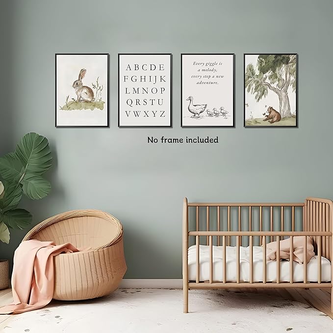 Nursery Gallery Wall Art Animal Canvas Prints Vintage Rustic Poster Set for Kids’ Room Decor Alphabet Inspirational Quotes Wall Art Neutral Baby Room Painting Unframed16x24 Inches