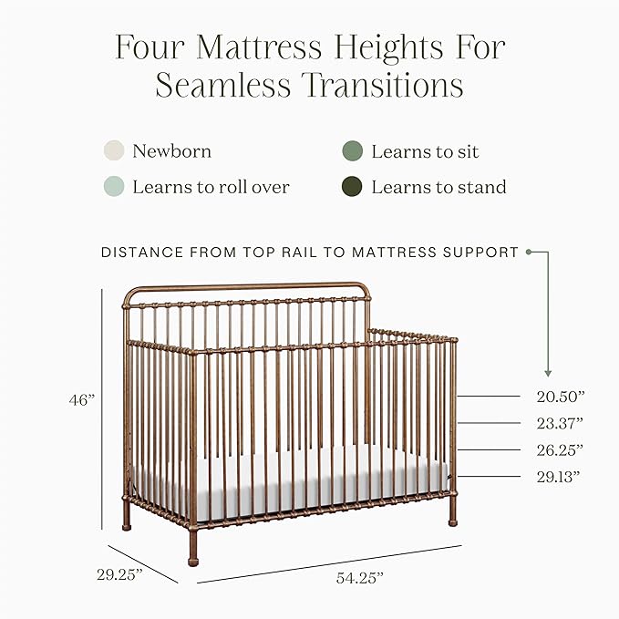 NAMESAKE Winston 4-in-1 Convertible Crib - GREENGUARD Gold Certified Metal Baby Crib Convertible to Toddler Bed, Daybed, Full Size Bed w/ 4 Mattress Heights - Vintage Gold Bedside Crib for Baby