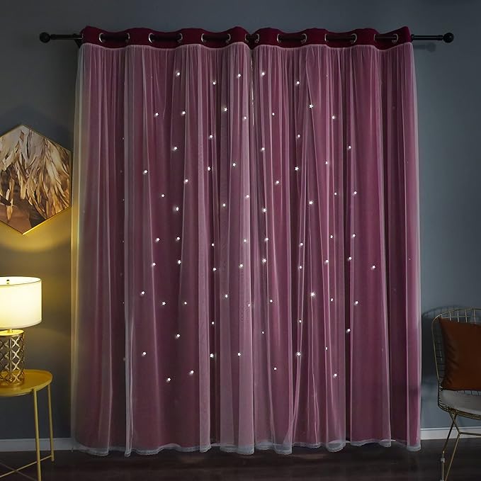 Kinryb Kids Blackout Curtains for Bedroom/Living Room/Classroom, Sheer Overlay 2 Free Tiebacks, Double Layer Curtains with Star Cutout for Kids Room(Each Piece W 70 x L 95 Inches 2 Pcs Red)