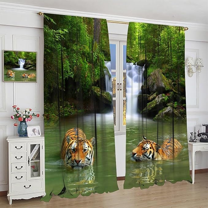 Forest Waterfall Landscape Blackout Window Curtains, Animals Tigers Waterfall Woodland Natural Window Drapes, for Living Room Bedroom 42" W X 63" L
