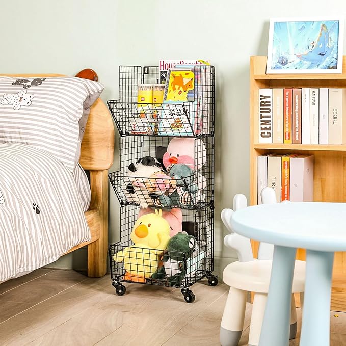 Sonyabecca Outdoor Toy Storage Basket, Play Kitchen Organizer with 5 S-Hooks,3 Tier Rolling Storage Cart Garage, Pantry Floor Snack Cart with Wheels,Toy Shelf Dog Storage Organizer Kids Bookshelf