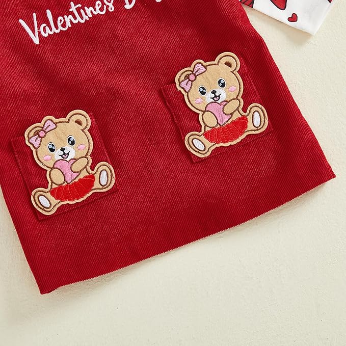 FIOMVA My First Valentines Day Outfit Clothes Baby Girl Romper Love Onesie Heart Embroidery Overalls Suspender Dress Set