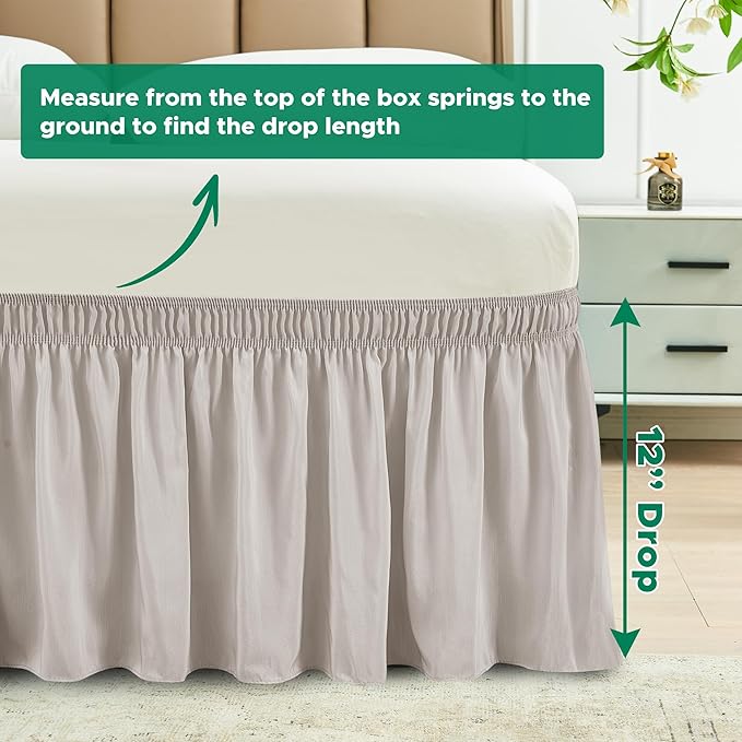 Biscaynebay Wrap Around Bed Skirts for Queen Beds with 12" Short Drop, Camel Grey Adjustable Elastic Dust Ruffles Easy Fit Wrinkle Resistant Silky Luxurious Fabric Machine Washable