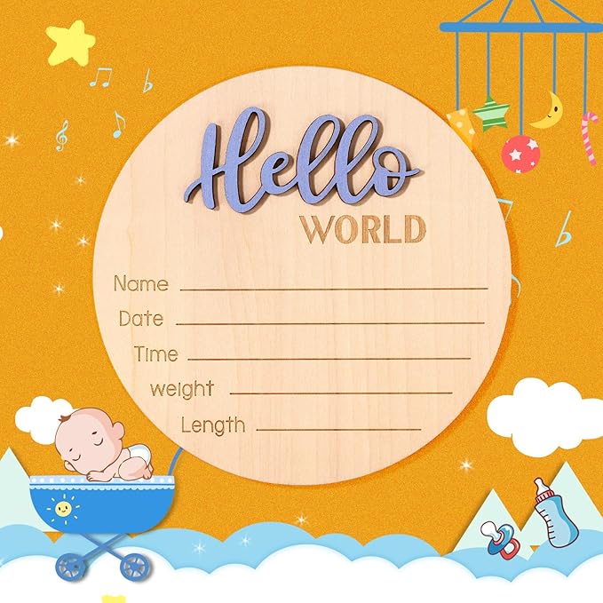 Newborn Announcement Sign, 5.9 Inch/15cm Wooden Hello World Plaques Baby Welcome Sign Birth Newborn Name Plaques for Boys and Girls Photo Props Baby Shower Hospital Nursery (Blue)