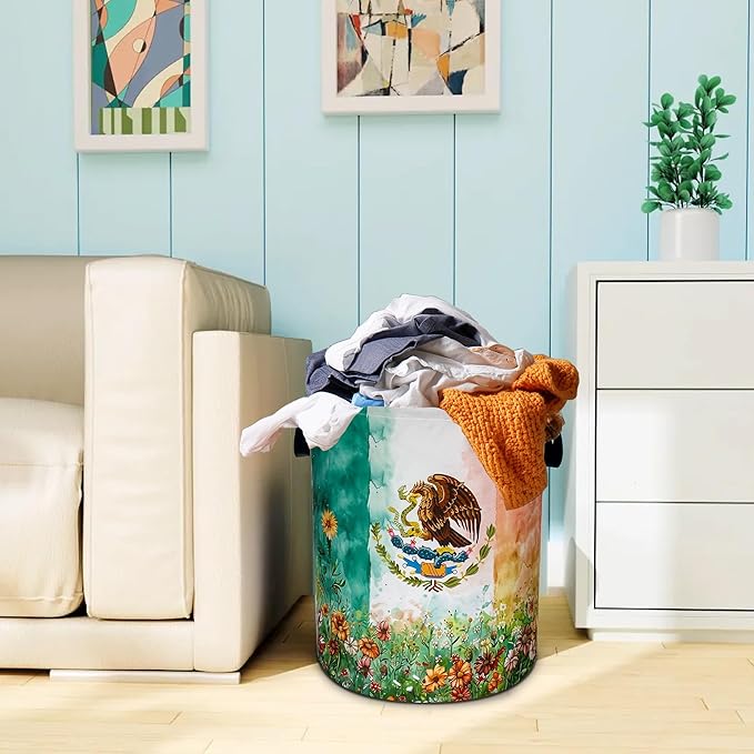 Mexico Flag Laundry Basket Mexican Flag Patriotic Oxford Cloth Laundry Hamper With Handle Foldable Portable Clothes Storage Basket 18.9 X 16.5 Inch Storage Bag For Laundry Room/Bathroom/Bedroom