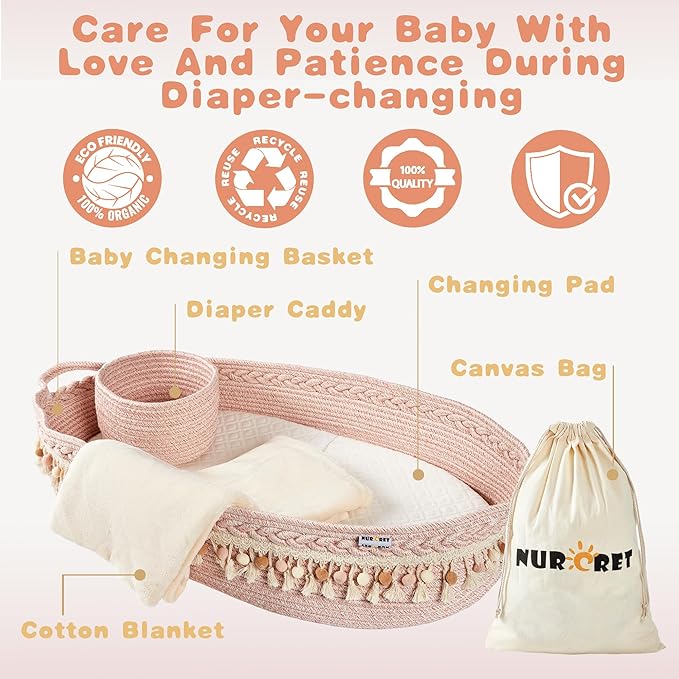 Baby Changing Basket, Foldable Portable Changing Pad, Moses Basket for Newborn, Changing Table Topper for Dresser, Cotton Rope Diaper Caddy for Travel&Nursery, Waterproof Foam Pad Cover, Pink