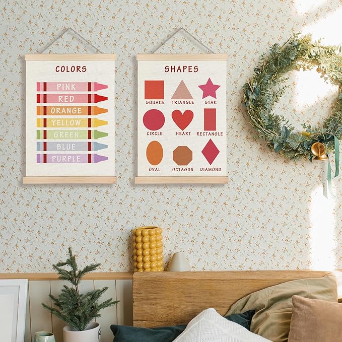 Supwhd Shapes Colors Posters for Classroom Wall, Shapes Colors Learning Poster Hanger Frame Wall Decor for Classroom Nursery Kids Room Playroom Preschool Decor, 12x16 Set of 2（Red）