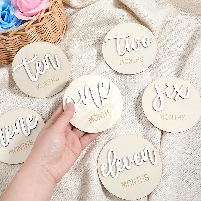 6 Pcs Baby Monthly Milestone Signs, Double Sided Wooden 3D Milestone Markers Disc from 1-12 Months 4 Inch Newborn Age Announcement Sign for Photo Props (White)
