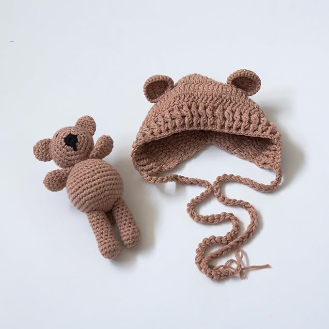 Zeroest Newborn Baby Boy Girl Photography Props Bear Hat Outfits Crochet Kint Handmade Cap Set for Newborn Photo Shoot