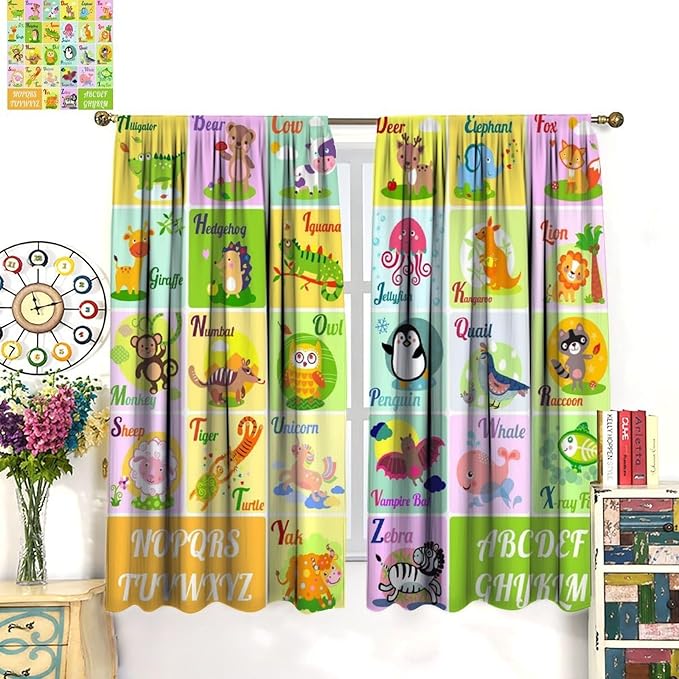 Kids Alphabet Letter Curtains Funny Education School Cute Cartoon Animal Printed Curtain with Rod Pocket for Bedroom Living Room Home Drapes Window Treatments 2 Panels Set 52" W X 84" L