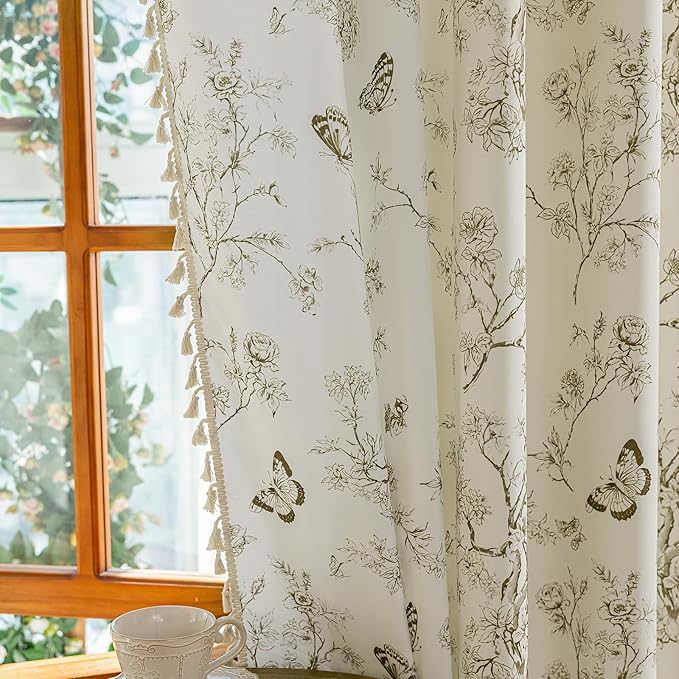 ENJOYBRIDAL Floral Curtains 63 Inch Length Boho Semi Sheer Drapes 2 Panels Bedroom Living Room Short Window Curtain Panels Farmhouse Rod Pocket French Country Vintage Cute Window Treatments