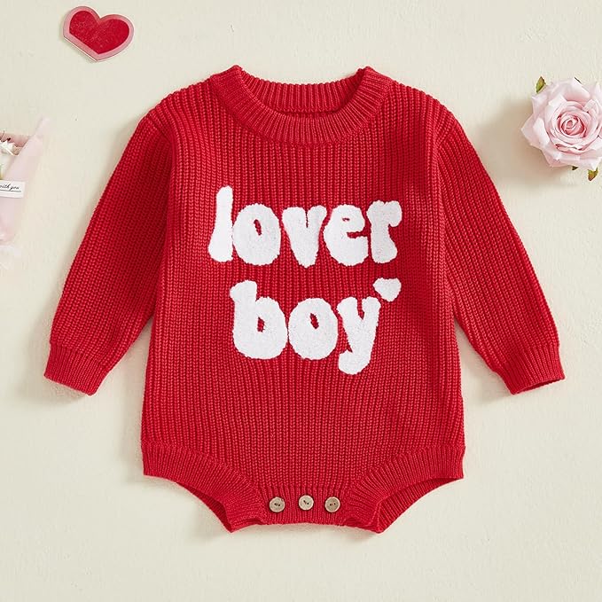 Lesimsam Newborn Baby Boy Girl Valentines Day Outfit Oversized Embroidery Long Sleeve Knit Sweater Bubble Romper Bodysuit