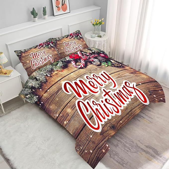 Christmas Comforter Set Twin: Christmas Bedding Sets for Kids Bedroom Wood Grain Xmas Gift Girls Women Teens Quilt Set 1 Comforter & 1 Pillowcase