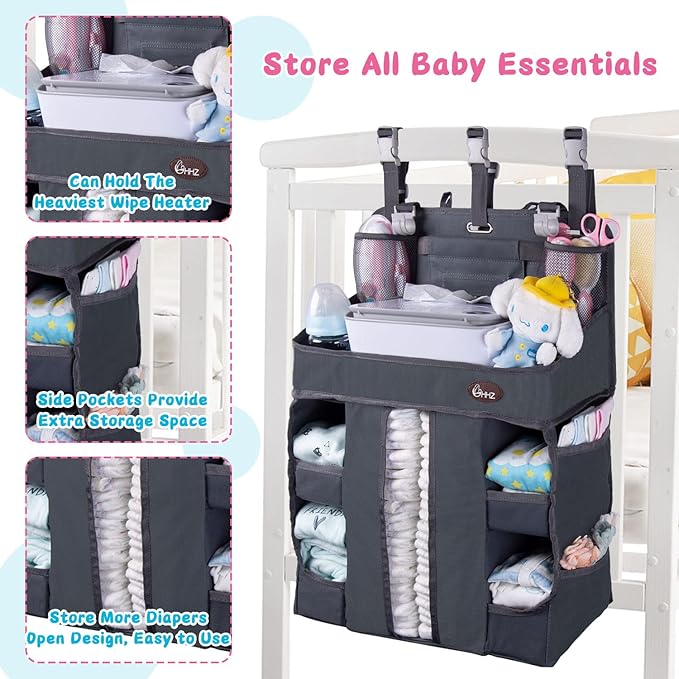 HHZ XL Hanging Diaper Caddy Organizer –Sturdy and Durable Baby Organizer – Diaper Stacker for Changing Table, Crib, Playard or Wall & Nursery Organization