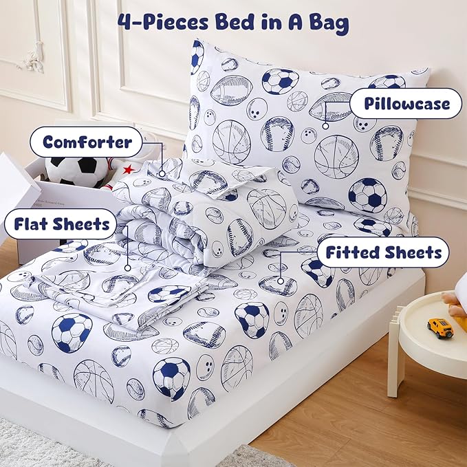 LONAVA Twin Kids Comforter Set - 4 Pieces Twin Bedding Sets for Boys Girls Children, Ultra Soft Microfiber Bed in A Bag with Flat Fitted Sheets, Ball Sports