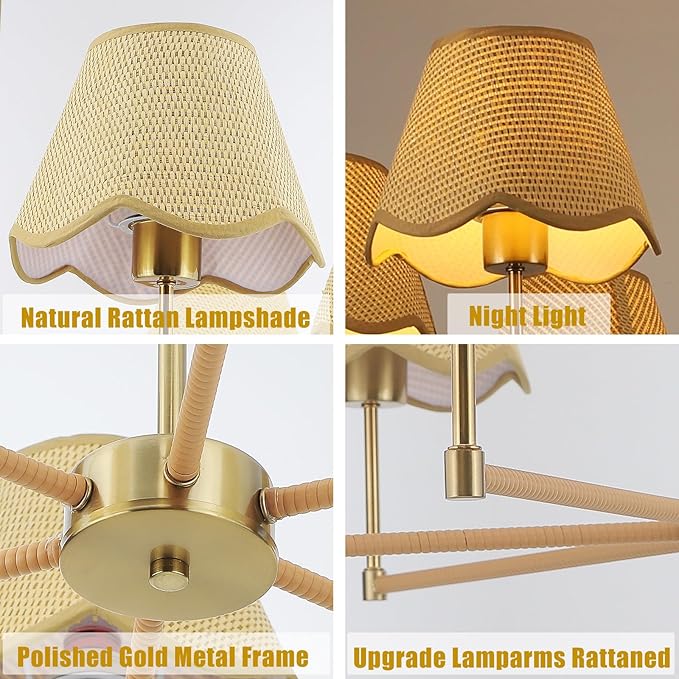 33.5in Farmhouse Rattan Chandelier Gold Large Pendant Light Fixture with Wicker Lampshade Boho Chandeliers for Living Room Dining Room Bedroom Entryway Kitchen Island