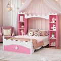 Castle-Shaped Wooden Platform Bed with Storage Shelf, Dreamy Twin Size Kids Platform Bed for Girls Boys Bedroom, Sturdy Slats Support (Pink+White Castle)
