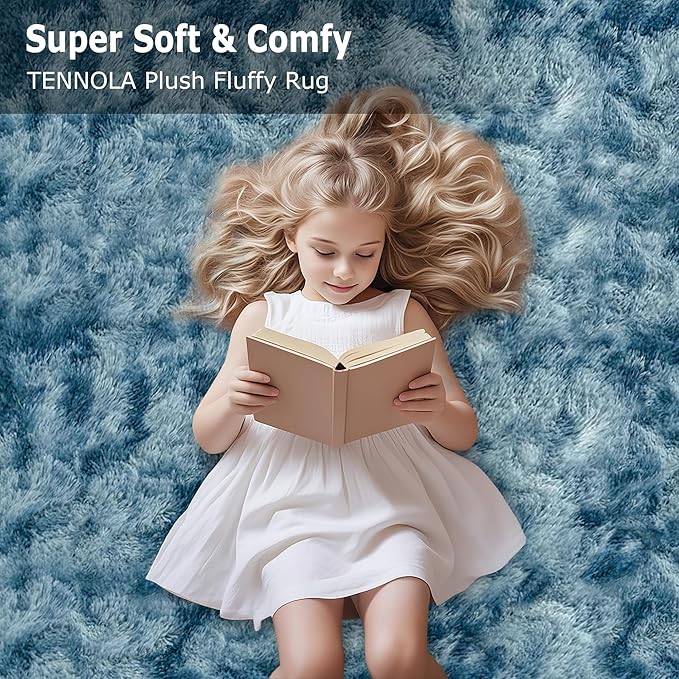 2x8 ft Plush High Pile Blue Tie-Dyed Rug Fluffy Soft Runner Bedside Rug for Bedroom Living Room Hallway Nursery Kids Home Decor Shag Carpet