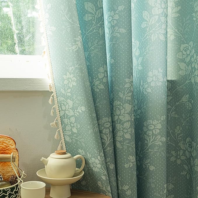 ENJOYBRIDAL Floral Curtains 63 Inch Length Sage Green Farmhouse Drapes Living Room Bedroom Semi Sheer Rod Pocket Window Curtain Panels Short Rustic Boho Retro 2 Panel Sets Window Treatments