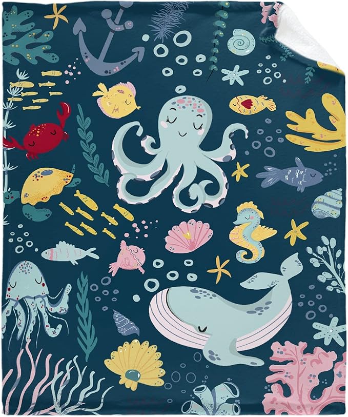 Thuswarm Cute Blue Sea Creatures Octopus Whale Flannel Blanket for Autumn Winter Gifts Warm Cozy Soft Funny Print Throw for Bed Couch Sofa 40”×30” XSmall for Pets