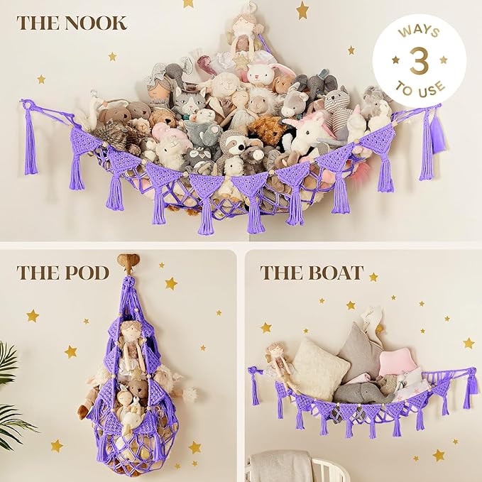 Macrame DreamLights Boho Stuffed Animal Storage Net Hammock Extra Large Plush Toy Storage Holder For Small Or Large Plushies PURPLE (Purple)
