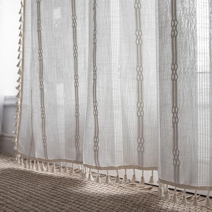 Deeprove Boho Curtain 96 Inches Long for Bedroom, Sheer Ivory Cotton Linen White Stripes Embroidery Shabby Chic Hollow Geometric, Semi Blackout Window Vintage Drape Tassels, 1 Panel W52 x L96