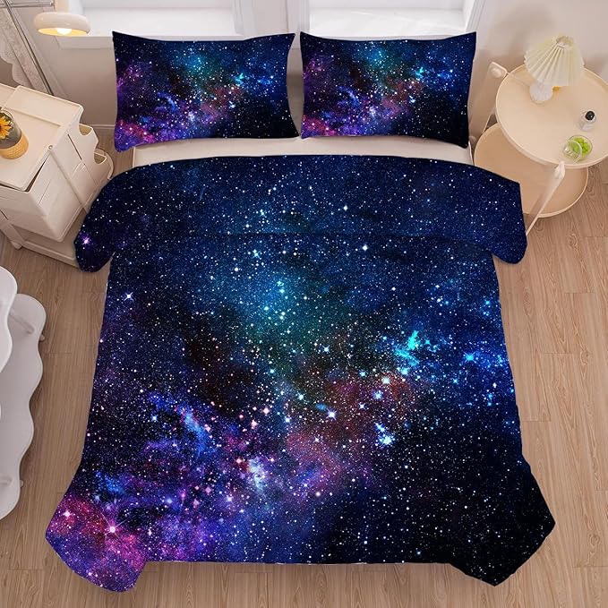kxry Blue Purple 3D Galaxy Comforter Set Twin Size Outer Space Starry Sky Universe Bedding Sets for Girls Teens Kids 1 Comforter + 1 Pillow Case