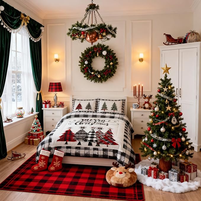 Christmas Trees Kids Comforter Set King Size,Geometric Grids Ink Tie-dye Bedding,Girls Boys Adults Bedroom/Xmas Cabin Decor,Rustic Vintage Down Comforter,Black Grey Retro Duvet Insert,2 Pillowcases