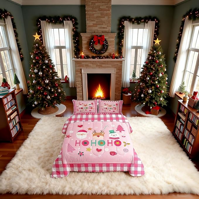 Merry Christmas Kids Comforter Set King Size,Cartoon Santa Claus Snowman Deer Bedding Set,Boys Girls Adults Room Decor,Geometric Grids Fashion Down Comforter,Pink Xmas Duvet Insert,2 Pillowcases