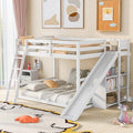 Full Over Full Bunk Bed with Ladder, Wooden Bunk Bed Frame with Slide and Shelves, Low Bunk Bed for Kids Teens Adult, Space-Saving Bedroom Dormitory Furniture (White + Pine-05)