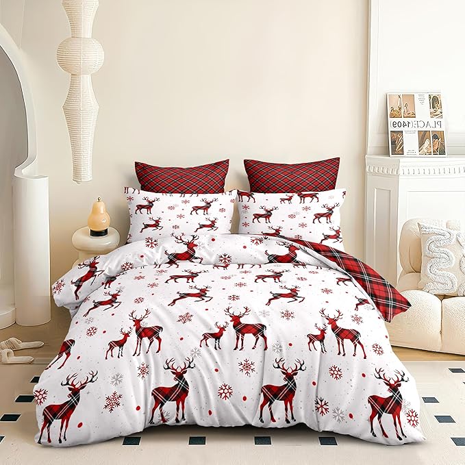 Christmas Duvet Cover Twin Size Red Gingham Christmas Deer Bedding Set 2 Pieces Kids Boys Girls Grid Checked Xmas Snowflake Elk Comforter Cover with Zipper Closure And 1 Pillowcase (No Comforter)