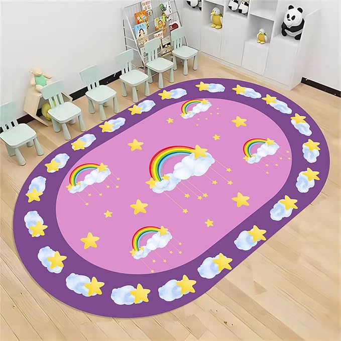 Rainbow Stars Kids Rug, 4x6ft, White Clouds Yellow Stars Pattern Oval Rug, Cute Soft Indoor Carpet for Girls Bedroom, Non-Slip Washable Low Pile Floor Mats for Classroom Nursery Playroom