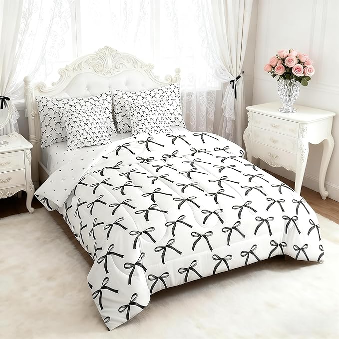 Manfei 7 Pieces Cartoon Bowknot Kids Comforter Full Size,Bow Tie Geometric Patchwork Modern Girls Bedding Set,Bow Butterfly Knot Black White（Comforter+Fitted+Flat+2 Pillowcases+2 Throw Pillow Covers）