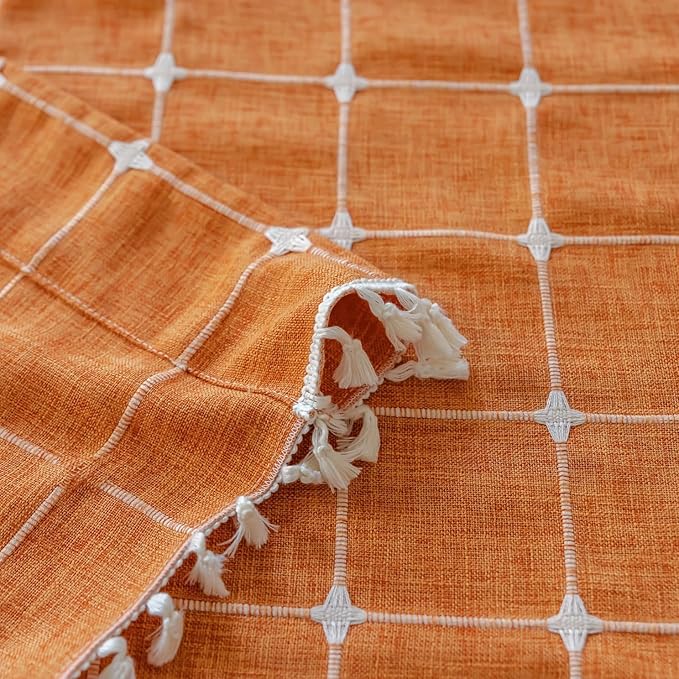 Deeprove Boho Curtains 96 Inches Long for Bedroom Living Room, Cotton Linen Plaids Textured Semi Blackout Bohemian Farmhouse Fall Window Treatment Grids Drape Tassels, 1 Panel W52 x 96, Burnt Orange