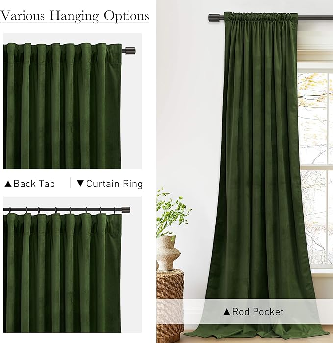 StangH Moss Green Curtains for Bedroom, Soft Velvet Light Blocking Thermal Insulated Window Drapes for Living Room/Farmhouse/Office, W52 x L90, 2 Panels