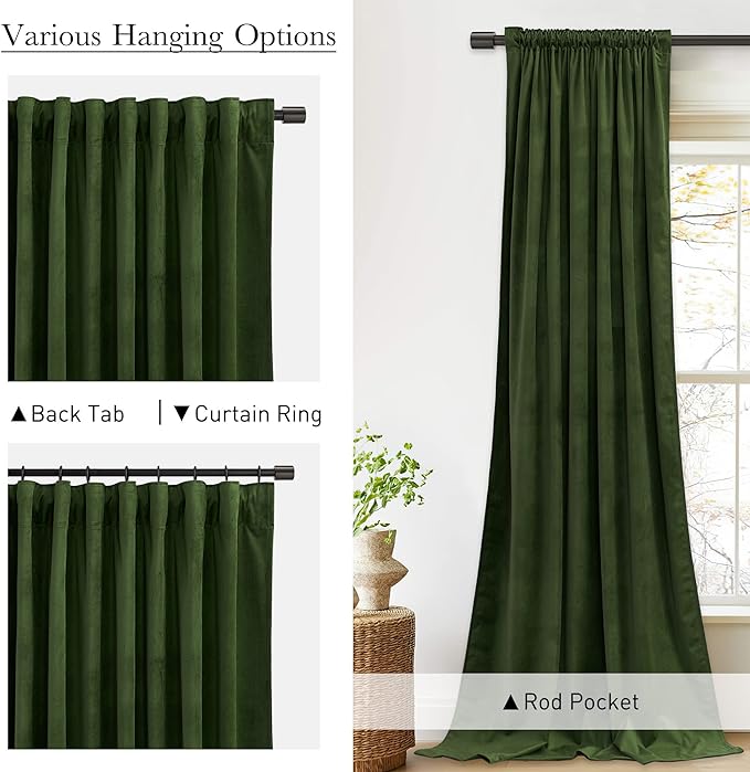 StangH Moss Green Velvet Curtains 84 inches Long, Back Tab Room Darkening Window Treatment Super Soft Thick Heavy Drapes for Bedroom Office, W52 x L84, 2 Panels