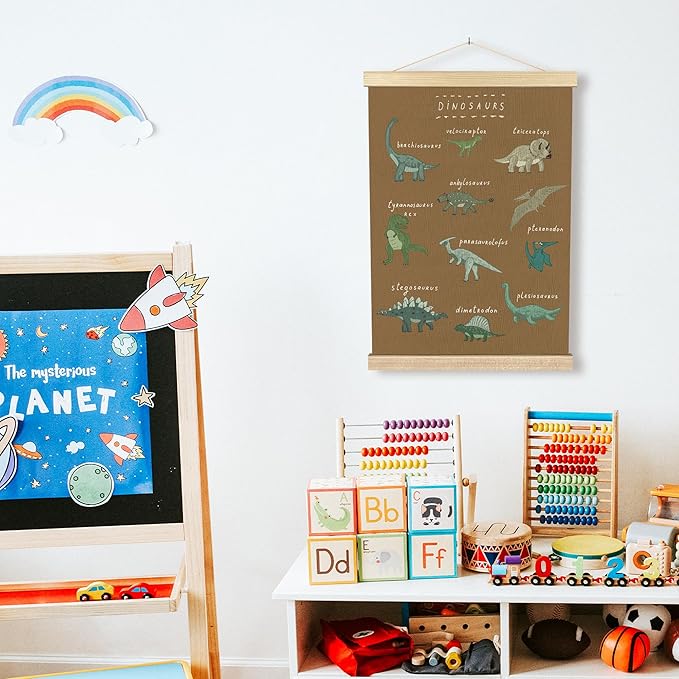 BCUANGD Dinosaur Dino Wall Decor - Brown Baby Toddler Boys Room Wall Art Poster Hanger with Wood Frames, Inspirational Wall Hanging Canvas Decor for Kids Room Nursery Bedroom, 12x16 Inches