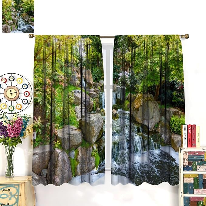 Forest Waterfall Blackout Curtains, Natural Landscape Forest Trees Waterfall Scenery PrintWindow Drapes, for Living Room Bedroom 63" W X 63" L