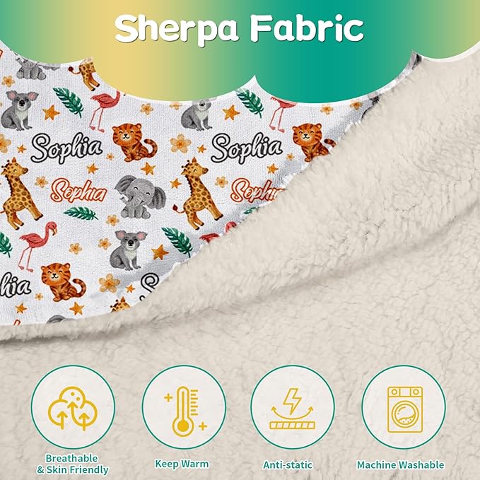 Custom Safari Animals Blanket Gift, Personalized Baby Blanket with Name, Soft Plush Flannel/Sherpa Fleece Throw Blankets for Toddler Kid Teen Boys Girls Color05