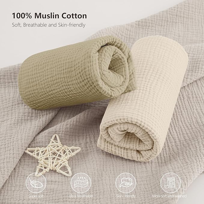Bearmoss Muslin Crib Sheets 100% Cotton Baby Crib Sheets Fitted for Standard Crib Mattress & Toddler Bed Mattress 52"x28" Soft Breathable Crib Sheet Neutral for Boys Girls - 2 Pack (Oat Latte)
