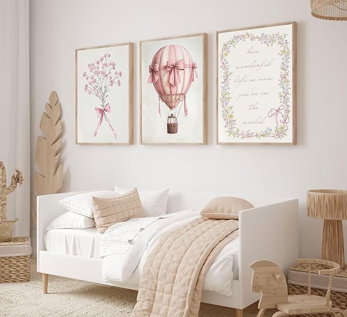 3Pcs Pink Nursery Wall Art Pictures Cute Baby Girls Room Posters Print Neutral Pink Bow Bouquet Hot Air Balloon Pastel Painting Wall Decor for Kids Room Little Girl Bedroom 12x16in Unframed
