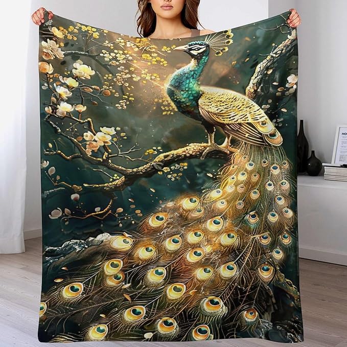 Peacock Blanket Gold Peacock Gifts for Girls Boys Woman Kids Lover Throw Blankets Soft Blanket Warm Fleece Flannel Plush Blankets for Bed Sofa Couch 50"x60"