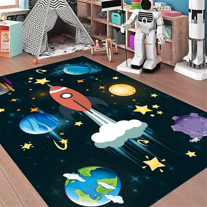 3x5ft Outer Space Rug - with Rocket and Planet Design, Non-Slip Washable,Kids Rugs for Playroom Easy Care Rug, for Children's Room, Toddlers, Classroom, Playroom, Baby Daycare