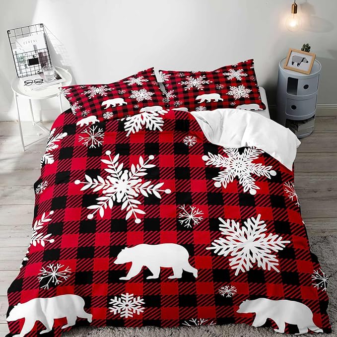 LUVIVIHOME 3PCS Christmas Duvet Cover King Bedding Set, White Snowflake Bear Woodland Animals Cabin Lodge Holiday New Year Xmas Checkered Black Red Buffalo Plaid Comforter Quilt Cover, 2 Pillow Cases