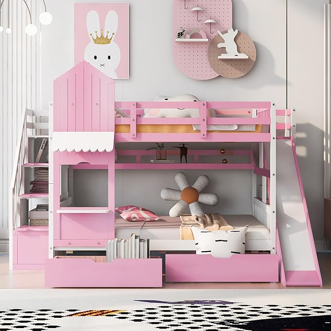 Full-Over-Full Castle Style Bunk Bed with 2 Drawers and 3 Shelves, Wood Bunk Bed Frame with Slide and Storage Staircase for Kids Teens Boys Girls, Maximize Space Savings