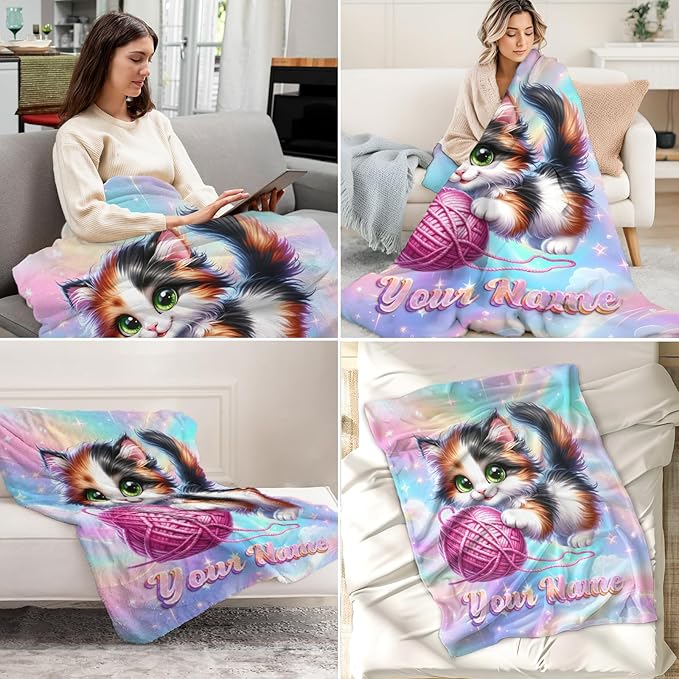 Personalized Blanket for Girls - Custom Cat Blankets for Cat Lovers - Comfy Plush Kitten Theme Stuff Gifts for Sofa, Living Room
