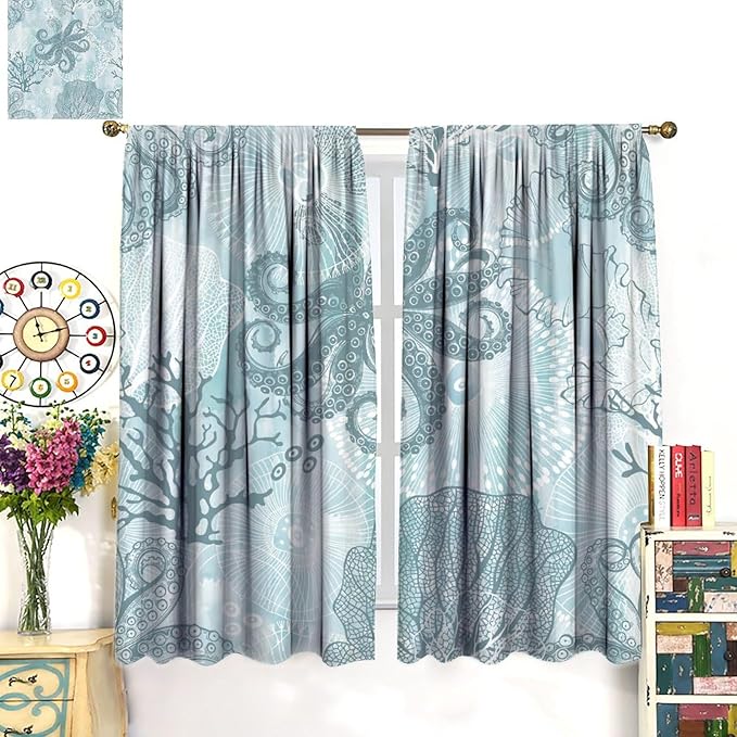 Coastal Window Curtains,Nautical Beach Themed Thermal Insulating Blackout Curtain for Living Room, Bedroom Set 2 Panels,63x63 Inches