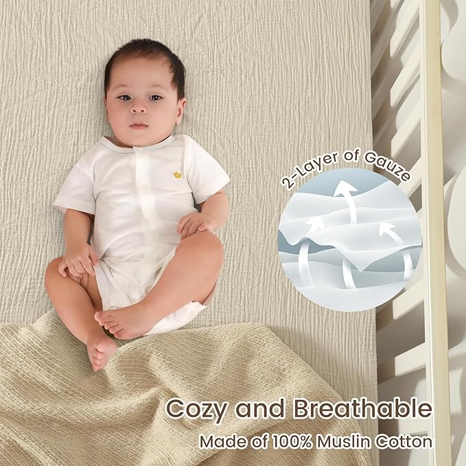 david's kids Muslin Mini Crib Sheets, 2 Pack Cotton Pack N Play Sheets for Boys Girls Neutral, Soft Breathable Baby Sheets Fit Pack N Play, Playard and Mini Crib Mattresses, Oat Milk & Sage Green