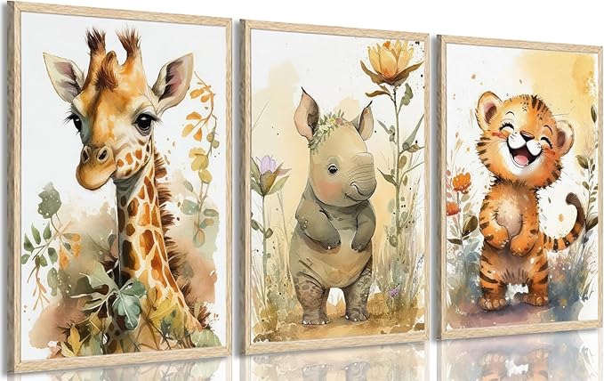 3Pcs Safari Nursery Wall Art watercolor baby Animal Wall Decor Lovely Jungle Animal Picture Painting Kids Room Posters Prints artwork for Boy Girl and Baby Room wall decoration,12x16in Poster